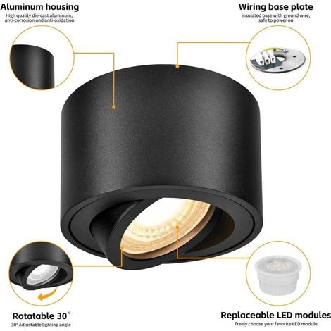 1x Spots de Plafond Noir Ø75x55mm Spot en saillie Orientable 10W 3000K Module LED 220V Inclus Aluminium LED Plafonnier Spot (1/5)