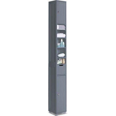 VOUNOT Armario Alto de Baño, Mueble Columna para Baño 2 Puertas y 1 Cajón, Mueble Auxiliar de Almacenaje, 20x20x180cm Gris