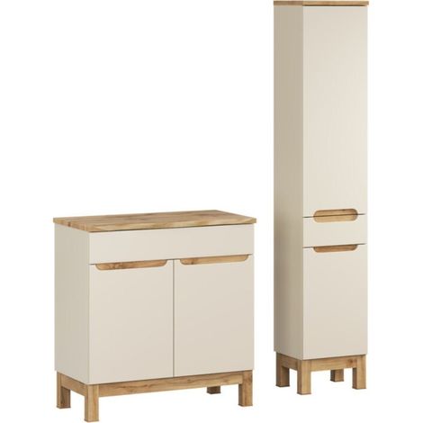 Set da bagno ERMANO cashmere e finitura rovere 115cm: mobile sottolavabo + piano per lavabo smussato + colonna
