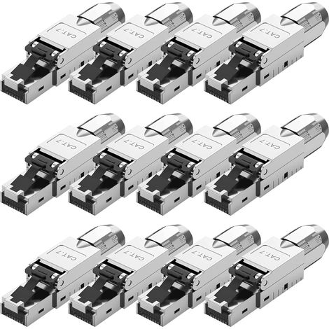 Quevati Fiches Réseau Cat 7 Rj45 Sans Outil Pour Câble Lan, Entièrement Blindé Stp, 10 Gbit/S, Compatible Avec Câble Cat 7, Fiche Lan Cat 7 Pour Ethernet, Awg 22-24 (12) (1/5)