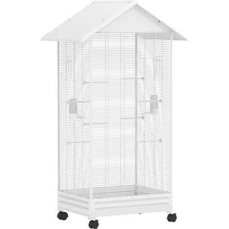 Cage à oiseaux sur pied avec roulettes, volière intérieure en fil d'acier blanc, 79x65x155 cm, 2 distributeurs, 8 perchoirs (1/5)