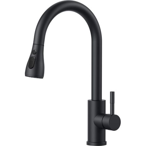 Grifo de cocina, caño extraíble, grifo mezclador de cocina, grifo de cocina de alta presión con rotación de 360 grados, con arco alto, negro (1/5)
