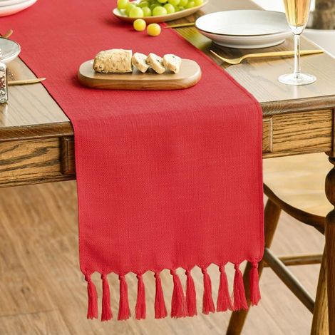 Chemin de table à pompons rouges, décoration de table de cuisine style campagne rustique mélange lin pour Noël et Nouvel An, décoration pour mariage et fête, 13x90 pouces (1/4)