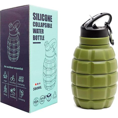 Grenade 580ml Faltbare, BPA-freie Silikon-Wasserflasche, faltbar, auslaufsicher, für Fitnessstudio, Radfahren, Wandern im Freien mit Haken (Grün) (1/5)
