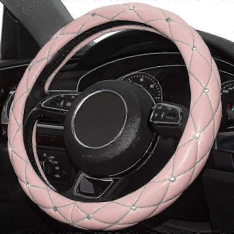 Diamant-Leder-Lenkradbezug in Pink, universeller Lenkradschutz mit Strasssteinen, rutschfest, weiches Interieurzubehör (1/5)