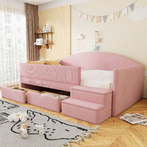 Kinderbett Polsterbett 90x190 cm mit 2 Schubladen und Rausfallschutz, Multifunktionsbett Sofabett mit Stufen, hautfreundlicher Samtstoff Rosa (1/5)