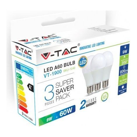 V-TAC VT-1900 Box 3 Lampadine LED E27 9W A60 Bianco caldo - 2700K (1/5)