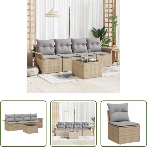 Terrassensofa - Gartensofa-set mit Kissen 5 pcs Beige und Grau Poly-Rattan (1/5)