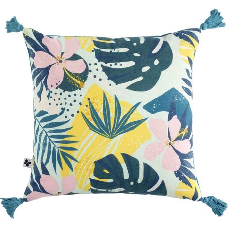 Coussin avec pompons 40 x 40 cm Jasmin bleu (1/3)