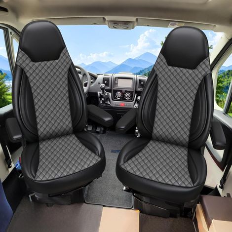 Housses de siège de camping-car en cuir pour Ducato, Jumper, Boxer - Housses de siège auto pour sièges avant, Noir et gris foncé (1/5)