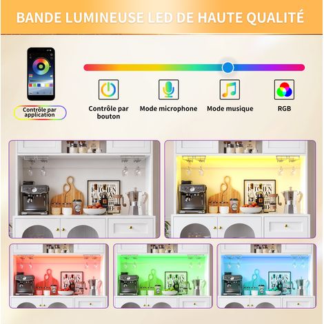 Buffet de cuisine MDF blanc 120x40x188 cm avec LED, grand rangement et portes en verre strié (1/5)