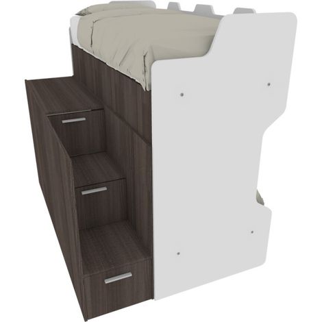 Letto a castello con scala contenitore e terzo letto estraibile - Cameretta salvaspazio - Bianco e Olmo (1/5)