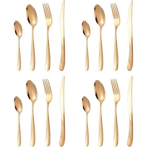 Ensemble de 16 couverts modernes noirs martelés, en acier inoxydable plaqué titane, pour 4 personnes, réutilisables et (1/4)