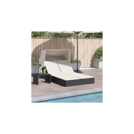 Chaise longue double et auvent et coussins noir résine tressée (1/5)