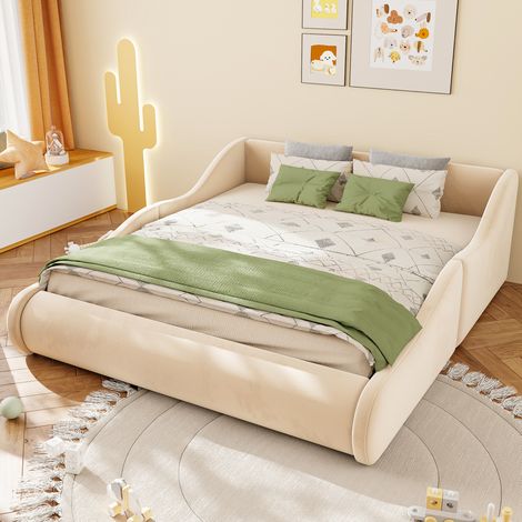 Cama infantil tapizada (212x149x59 cm), con cabecero alto y barandillas laterales, terciopelo, beige (1/5)