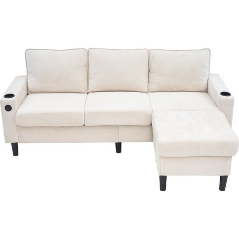 L-förmiges Ecksofa in Beige aus Leinen mit USB, Type-C und 2 Becherhaltern (1/5)