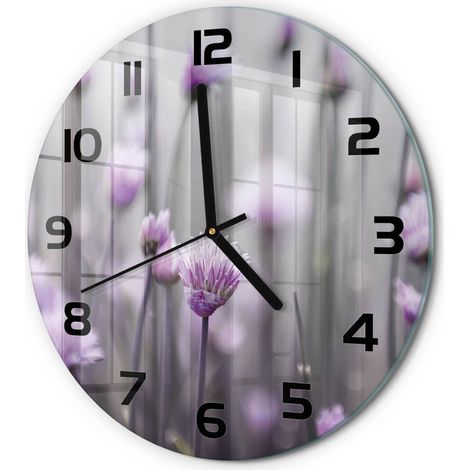 Horloge Murale Ronde Décoration Maison Verre Trempé Style Contemporain Fleurs de ciboulette fi 30 cm (1/5)