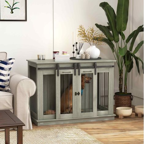 Jaula para perros de madera gris con doble puerta y compartimento separable 120 x 60 x 88,5 cm (1/5)