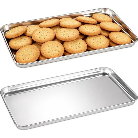 2 Pièces Plateau INOX Rectangulaire, Plaque de Cuisson Four INOX  Plateau Four Rectangulaire, Plaques à Pâtisserie en Acier Inoxydable, Plaque à Biscuits en Acier Inoxydable pour Desserts (1/5)