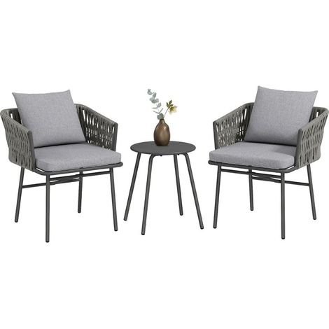 Ensemble extérieur bistro 3 pièces : 2 chaises, 1 table métallique rotin synthétique cadre acier, 4 coussins, gris (1/5)