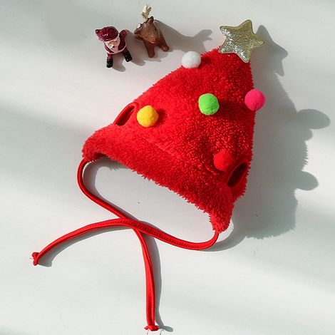 Weihnachtskostüm für Hunde, Herbst-Winter-Dekoration, stilvolles und niedliches Zubehör für Kätzchen und Welpen, roter Hut, bunter Ball L (geeignet für Haustiere von 4-7,5 kg)