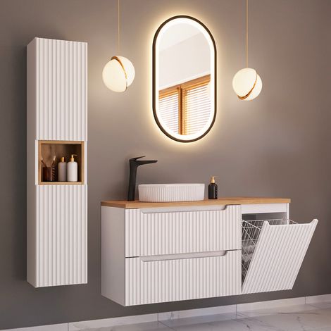 Conjunto de mueble con lavabo simple de 120 cm, cesto para la ropa, 2 cajones y columna «Riva» en blanco y madera (1/5)