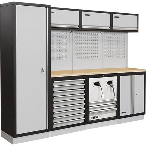 Arredamento modulare officina garage FERVI A007UF - 2640 x 498 x 2000 h mm - piano in legno (1/4)