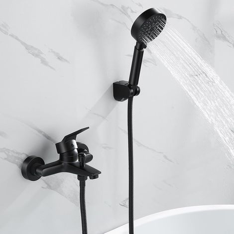 Mitigeur Baignoire, Robinet Baignoire avec Douchette 5 Jets, Robinet Salle Bain Baignoire Mural avec Flexible 1,5m Mitigeur Baignoire Noir (1/5)