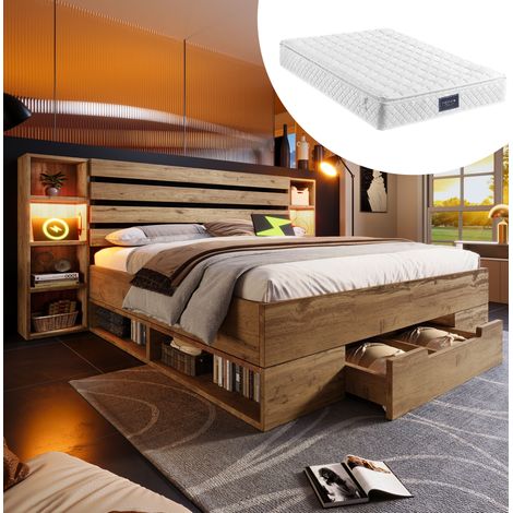Cama doble moderna 160x200 cm en madera y metal color roble con cabecero LED, USB-C, almacenaje, 2 cajones y colchón (1/5)