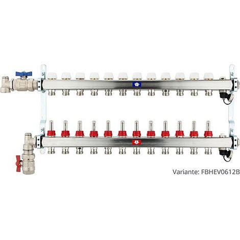 Fußbodenheizungsverteiler aus Edelstahl mit Topmeter für 12 Heizkreise - mit Anschlussset senkrecht (1/3)