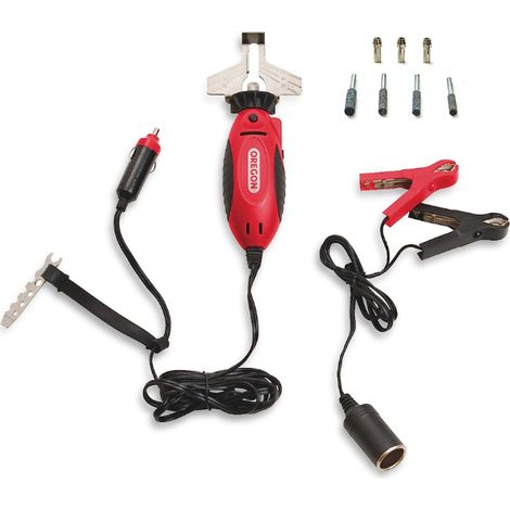Oregon – Affûteuse de chaîne pour tronçonneuse 12V – Affûtage rapide et précis – Compatible avec chaînes 1/4', .325', 3/8' profil bas et .404' – 4 meules incluses