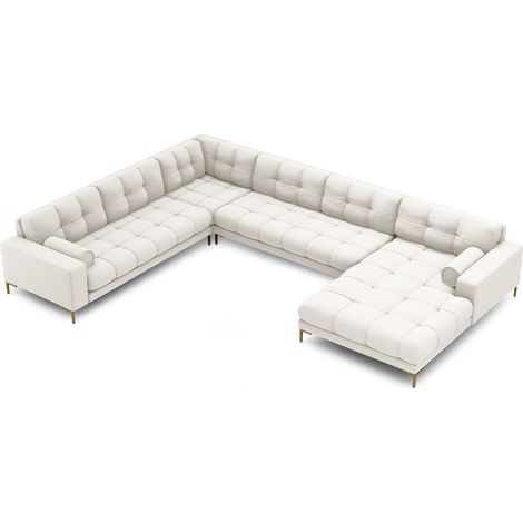 Canapé d'angle panoramique 7 places tissu structurel beige clair (1/4)
