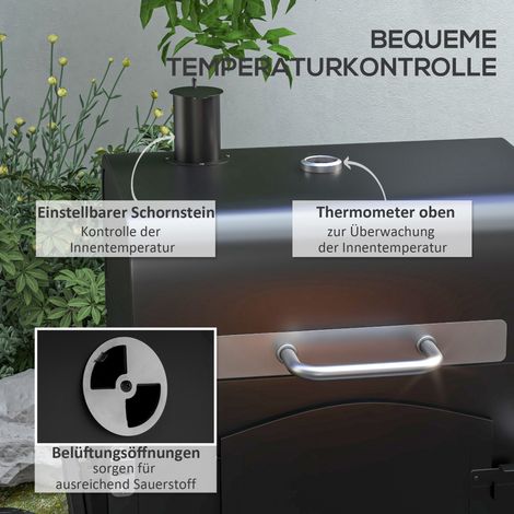 Barbecue charbon de bois fumoir, grille réglable, tablettes latérales, 124 x 66 x 112 cm, noir (1/5)