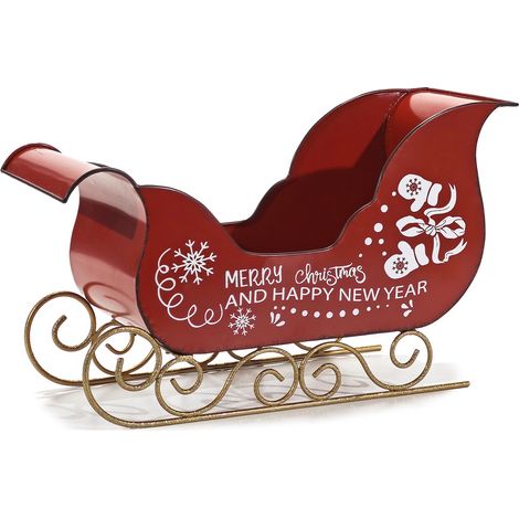 Slitta di Babbo Natale rossa porta regali doni ai bambini in Metallo cm 40 con rifiniture in oro allestimenti decorazioni natalizie complemento d'arredo casa o albero di natale