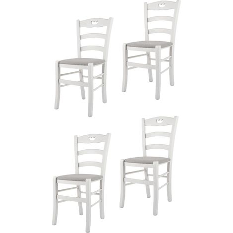 Tommychairs - Set 4 chaises VALENTINA pour cuisine, bar et salle à manger, robuste structure en bois de hêtre lacqué en couleur blanc et assise rembourrée et revêtue en tissu couleur gris perle (1/5)