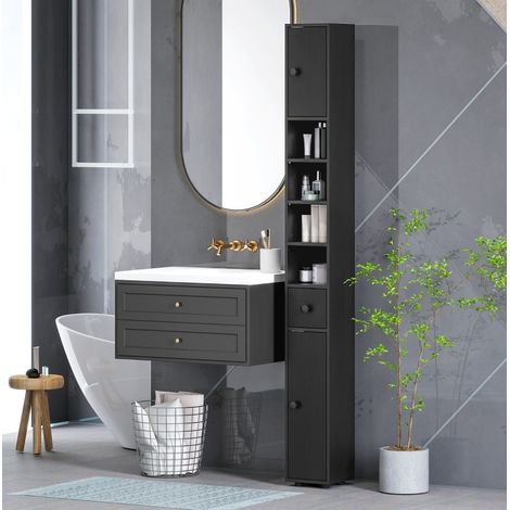 Armoire de salle de bain 20x20x180 cm noire en bois avec étagères ouvertes et rangement étroit (1/5)