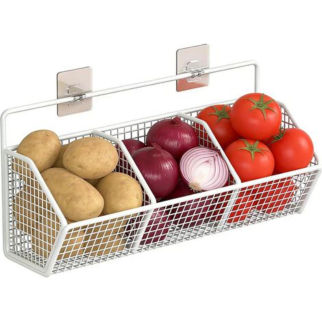 Panier à fruits, suspendu, panier mural en métal avec 3 compartiments, panier suspendu pour cuisine, sans perçage, porte-fruits (1/4)