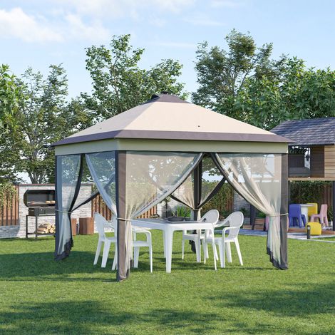 Carpa Plegable con Luces LED 3,3x3,3 m Cenador de Jardín con Control Remoto  con 4 Mosquiteras Altura Ajustable Beige (1/5)