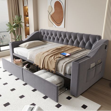 Polsterbett 90/190 cm dunkelgrau aus Samt mit USB-Anschluss und Stauraum (1/5)