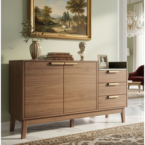Aparador 120x40x77 cm roble oscuro en madera y metal con 3 cajones, armario de doble puerta y estante abierto (1/5)