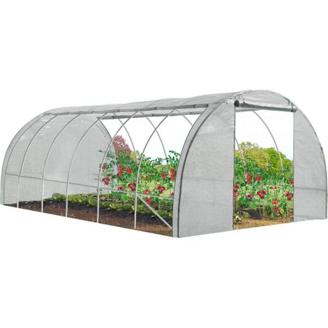 Idmarket – Serre tunnel de jardin 4 saisons 18m² blanche – Bâche armée anti-UV 130g/m² – 6 fenêtres avec moustiquaire – Structure renforcée