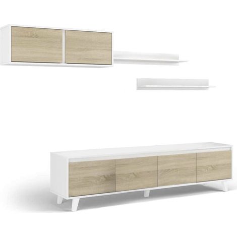 Dmora Parete attrezzata Orlando, Mobile da soggiorno porta TV, Composizione per salotto con pensile e mensola, cm 200x50h41, Bianco e Rovere, con imballo rinforzato (1/5)