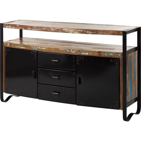 Massivmoebel24 – Buffet en bois de récupération laqué multicolore 150x43 cm – Style industriel – Unique et robuste – Parfait pour espaces modernes