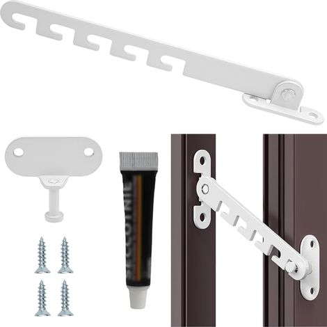 Entrebâilleur Fenêtre sans Perçage - Bloque Fenêtre Réglable en Acier, Fixation avec Colle ou Vis, Limiteur d'Ouverture Universel pour Fenêtre PVC/Bois, Sécurité Enfant et Chat, 165mm, Blanc (1/5)