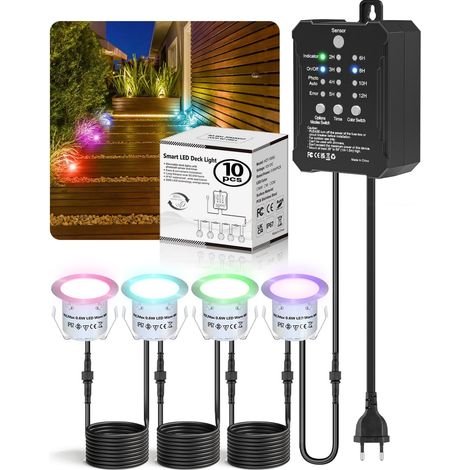 Pack de 10 projecteurs LED RGB encastrés ,Minuterie à réglage extérieure,Capteur photoélectrique extérieur, IP67, pour bois, piscine, jardin, terrasse en bois [Classe d’énergie G]