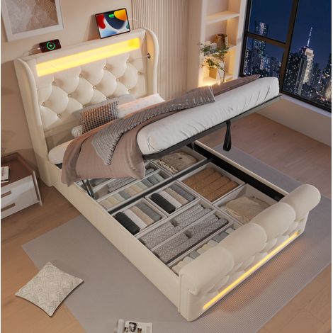 Cama tapizada 90/200 cm beige de terciopelo con LED, carga USB-C y arcón hidráulico (1/5)