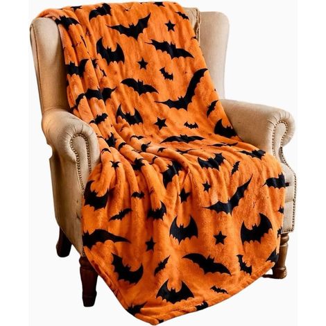 Halloween-Fleecedecke, schwarzes Fledermausmuster auf orangefarbenem Hintergrund, 50 x 70 Zoll. Hergestellt aus ultraweichem und komfortablem Flanellfleece gruselige Halloween-Dekoration (1/5)