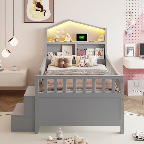 Lit enfant 90x200 cm avec barrière de sécurité, 4 tiroirs de rangement, échelle, LED, ports USB et Type-C, bois massif avec sommier, lit simple gris. (1/5)