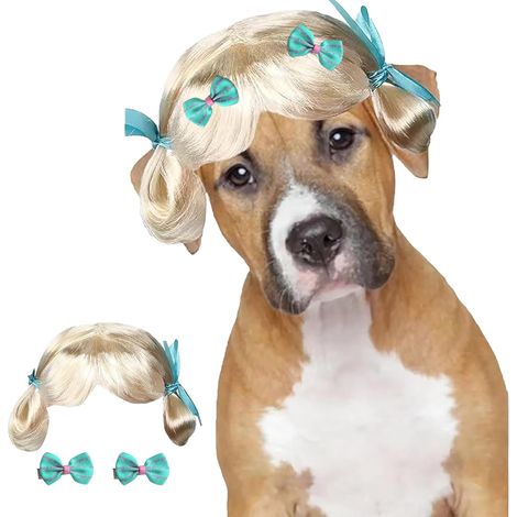 2 Pièces Deguisement Chien, Perruque Amusante pour Chien et Chat, Réglable Perruque pour Animaux de Compagnie Boulettes Dorées Claires avec de Petites Barrettes pour Fêtes, Déguisements (1/5)