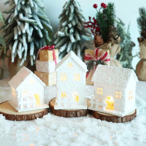 3er Set Weihnachtsdorfhäuser aus Holz mit Schnee beleuchtet, 12 x 7 cm, weiße Figuren, Tischdeko (1/5)